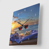 ビーチとワインサンセット スクエア壁時計 (傾斜)