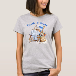 ビーチと本 貝殻柄 レディース Tシャツ