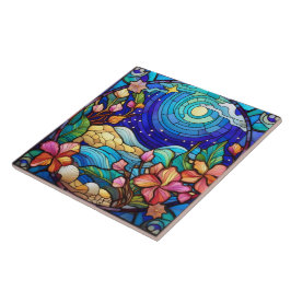 ビーチと波ステンドグラス美術 タイル