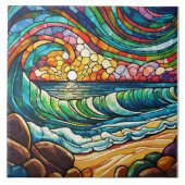 ビーチと波ステンドグラス美術 タイル (正面)