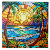 ビーチと波ステンドグラス美術 タイル (正面)