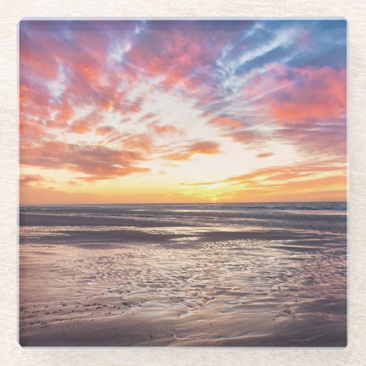 ビーチと海の夕日 ガラスコースター (正面)