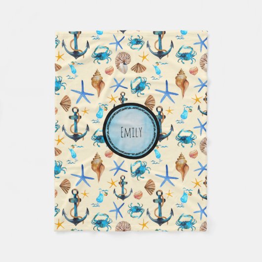ビーチと海の生命をテーマにしたパタパーソナライズされたーン フリースブランケット (正面)