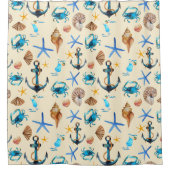 ビーチと海の生命をテーマにしたパターン シャワーカーテン (正面)