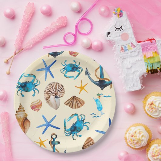 ビーチと海の生命をテーマにしたパターン ペーパープレート (パーティー)