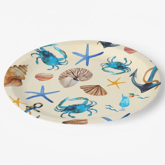 ビーチと海の生命をテーマにしたパターン ペーパープレート (アングル)