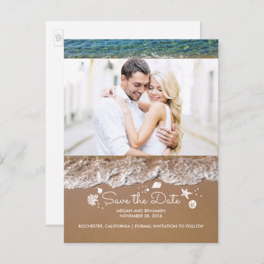 ビーチと海宝写真の保存日付 案内ポストカード (正面/裏面)