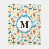 ビーチと海生活をテーマにした模様モノグラム フリースブランケット (正面)