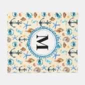 ビーチと海生活をテーマにした模様モノグラム フリースブランケット (正面(横))