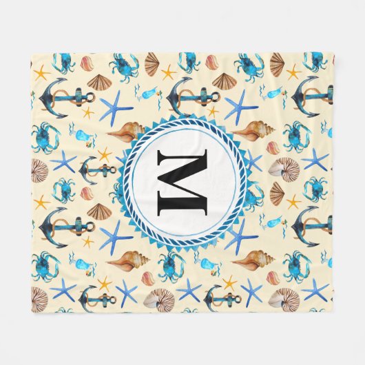 ビーチと海生活をテーマにした模様モノグラム フリースブランケット (正面(横))