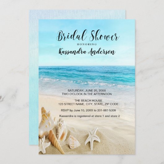 ビーチと貝殻をサンドブライダルシャワー 招待状 (正面/裏面)