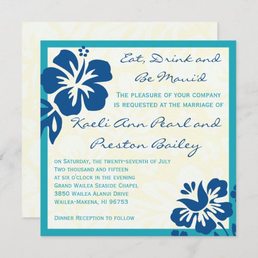 ビーチによっては青い結婚式招待状の陰が開花します 招待状 (正面/裏面)
