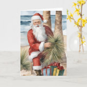 ビーチにサンタ カード (黄色い花)