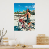 ビーチに乗る美学 – 海のそばの自転車に乗った女性 ポスター (キッチン)