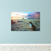 ビーチに座る猫 キャンバスプリント (インサイチュ (ウッドフロア))