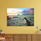 ビーチに座る猫 キャンバスプリント (インサイチュ (リビング))