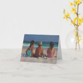 「ビーチに戻る」 – 子供たちがビーチを楽しむ カード (黄色い花)