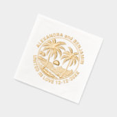 ビーチに沈む夕日、パームツリーの結婚カップル 箔ナプキン (左)