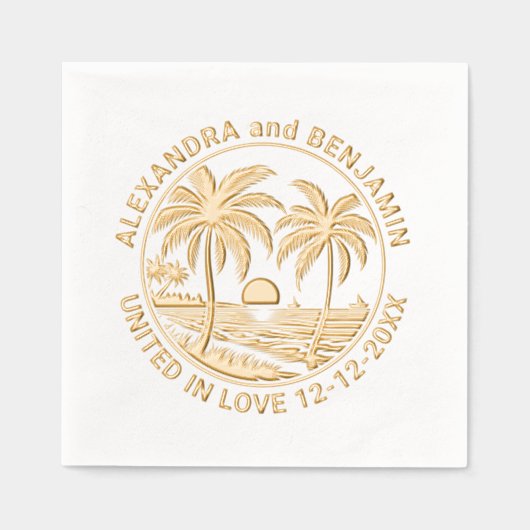 ビーチに沈む夕日、パームツリーの結婚カップル 箔ナプキン (正面)