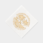 ビーチに沈む夕日、ヤシの木の結婚カップル 箔ナプキン (右)