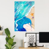 ビーチに眠る青い髪の長い天使 ポスター (ホームオフィス)