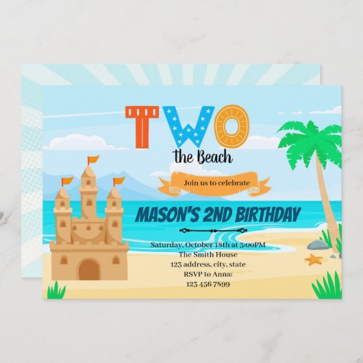ビーチに2人で2歳の誕生日パーティー招待状 招待状 (正面/裏面)