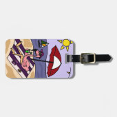 ビーチのおもしろいなピンクのフラミンゴ ラゲッジタグ (正面横)