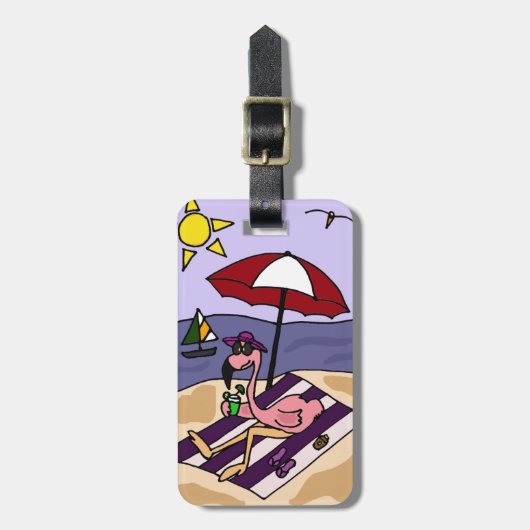 ビーチのおもしろいなピンクのフラミンゴ ラゲッジタグ (正面縦)