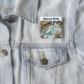 ビーチののらくら者! ボタンの青い海のガラス流木の化石 缶バッジ (インサイチュ)