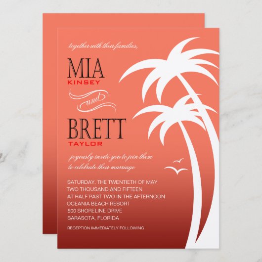 ビーチのやし熱帯結婚式は|の珊瑚を感じました 招待状 (正面/裏面)