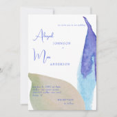 ビーチのようなアートな青とタン色のウェディング招待状 招待状 (正面)