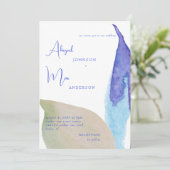 ビーチのようなアートな青とタン色のウェディング招待状 招待状 (スタンド正面)