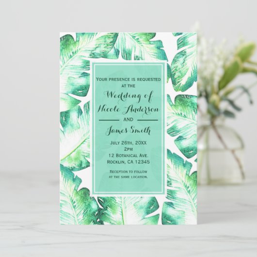 ビーチのようなホワイト&グリーンのトロピカルリーフウェディング 招待状 (スタンド正面)