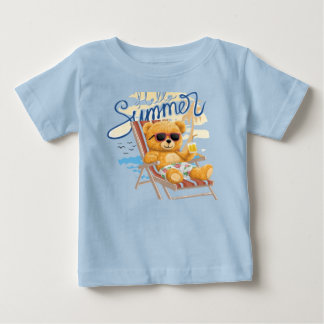 ビーチのキュートな夏のテディベア - 赤ちゃんと幼児用S ベビーTシャツ