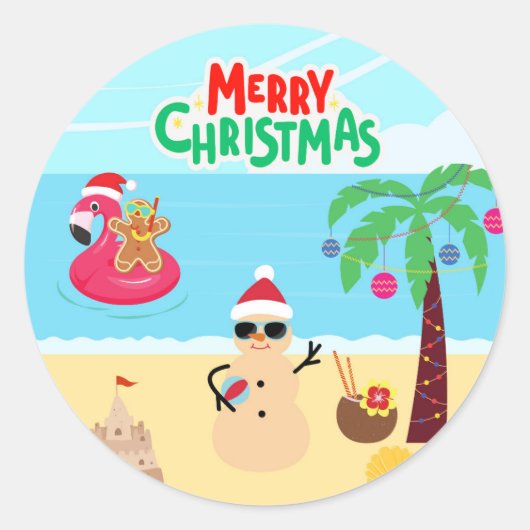 ビーチのクリスマスシーン ラウンドシール (正面)