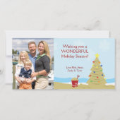 ビーチのクリスマスツリーの砂の城の休暇 シーズンカード (正面)