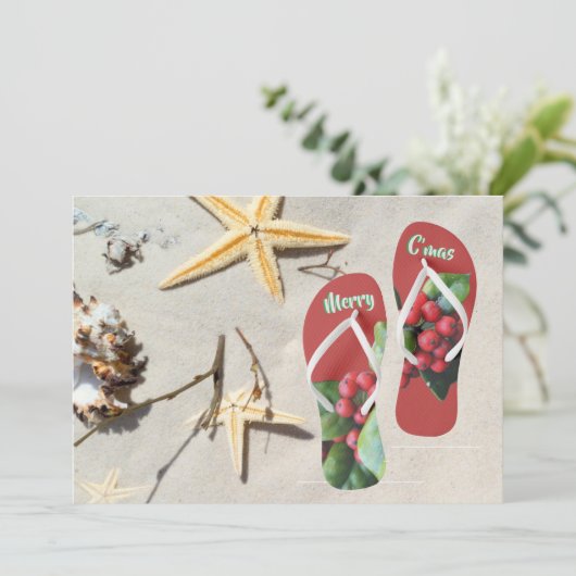 ビーチのクリスマス|のヒイラギおよび星の魚を個人化して下さい シーズンカード (スタンド正面)