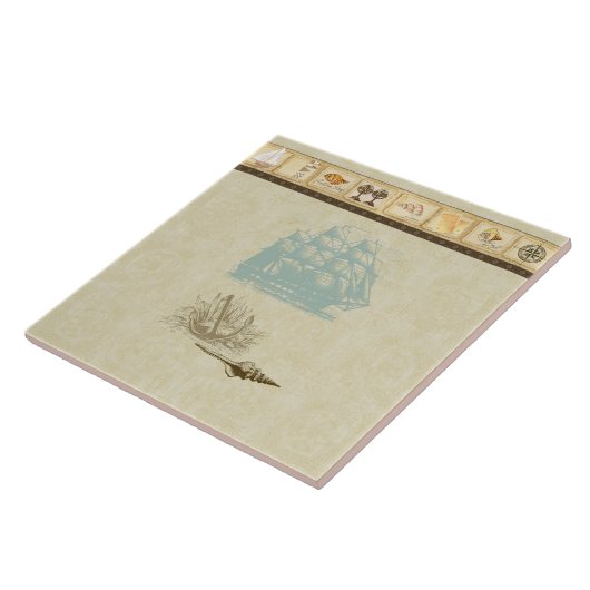 ビーチのコテージの航海のな地図のヴィンテージのロゼットの船 タイル (側面)