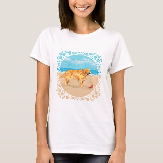 ビーチのゴールデンレトリバー Tシャツ (正面)