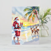 ビーチのサンタとトナカイのクリスマス シーズンカード (スタンド正面)