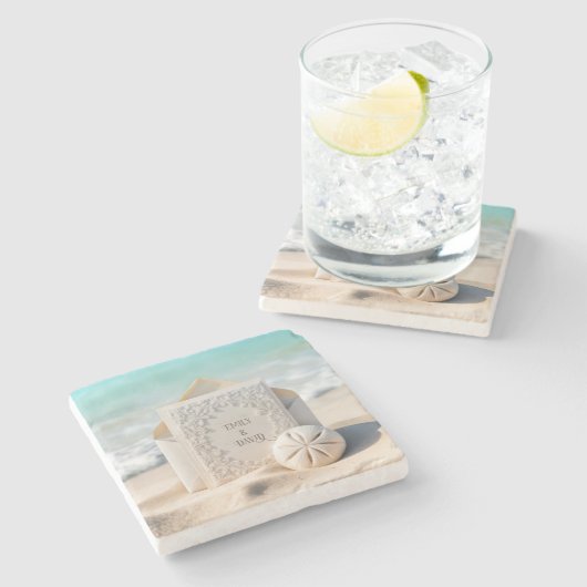 ビーチのサンドドルを使った結婚式のステーショナリー ストーンコースター (横)