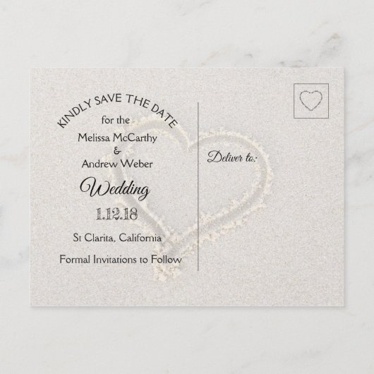 ビーチのサンド・ダラーにテーマを当てた結婚式のSave the Date 案内ポストカード (裏面)