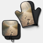ビーチのサンビーム付き足跡 鍋つかみ&鍋敷きセット (正面/裏面)
