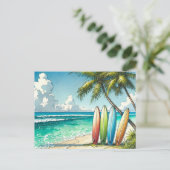 ビーチのサーフボード水彩画とインク ポストカード (スタンド正面)