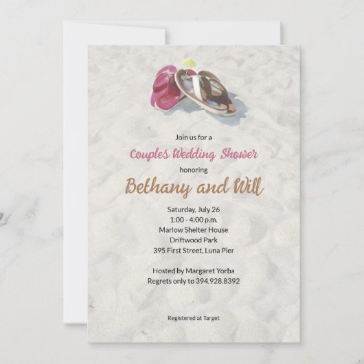 ビーチのシャワー招待状 フリップフロップ 招待状 (正面)