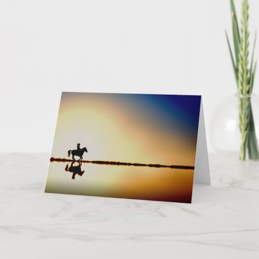 ビーチのシルエットの挨拶状の馬そしてライダー カード (正面)