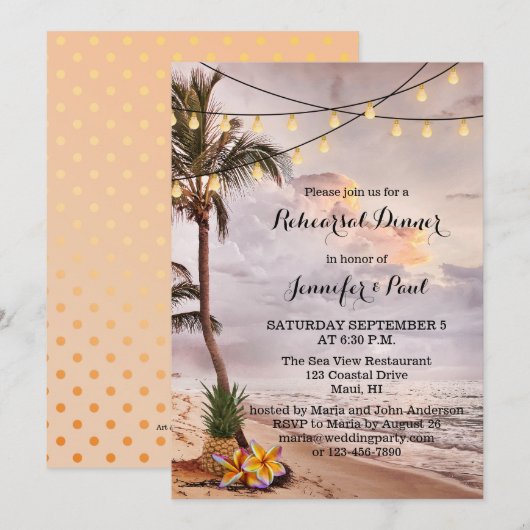 ビーチのストリングライトのリハーサルディナー招待状 招待状 (正面/裏面)