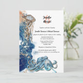 ビーチのタコ　青　茶色　オレンジ　水彩　魚 招待状 (スタンド正面)