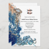 ビーチのタコ　青　茶色　オレンジ　水彩　魚 招待状 (正面/裏面)