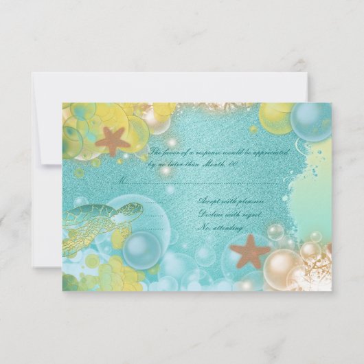 ビーチのテーマの結婚式のカメのヒトデ 出欠カード (裏面)